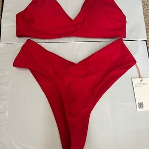 New Quince Italian High Rise High Leg Bikini Bottom & Cami Top Cherry Red Small